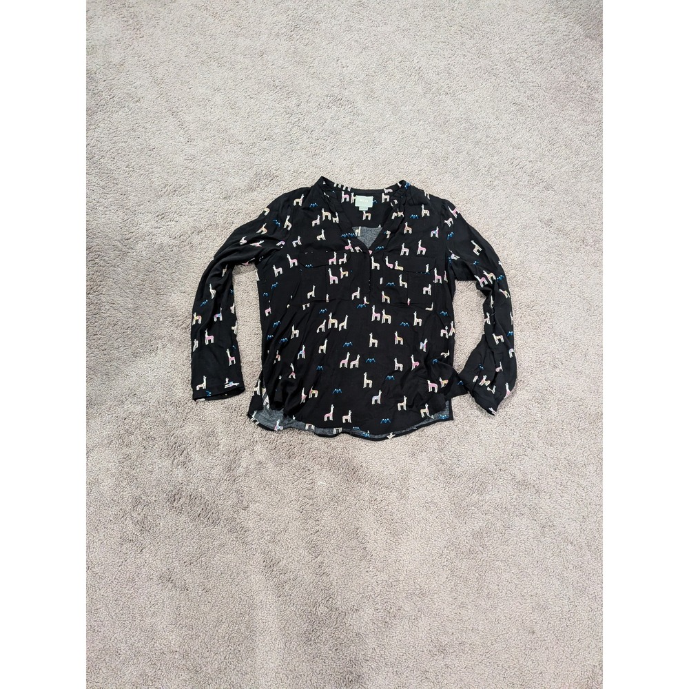 Maeve Womens Black Llama Print Long Sleeve V Neck Blouse Top Size 10